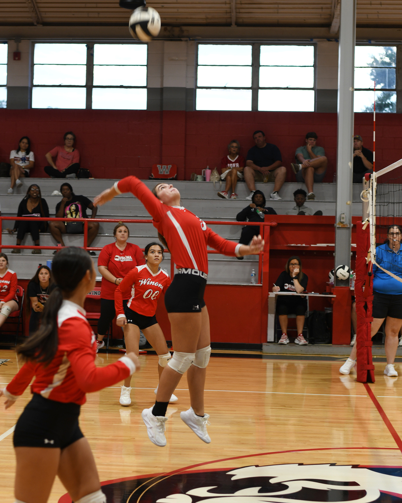 A female volleyball player jumps to hit a ball. Another player is nearby. Spectators sit in bleachers behind them.