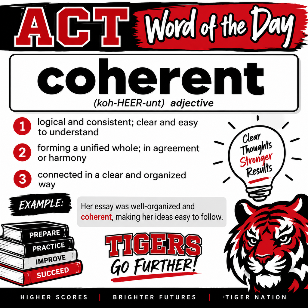 An educational poster with "ACT Word of the Day" at the top, a tiger, and text defining "coherent."