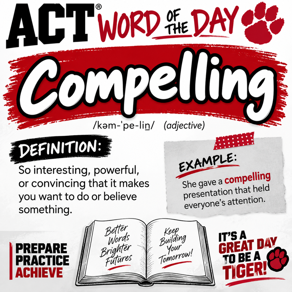 Poster with bold text "ACT Word of the Day: Compelling" above an open book. Definitions and examples are provided.