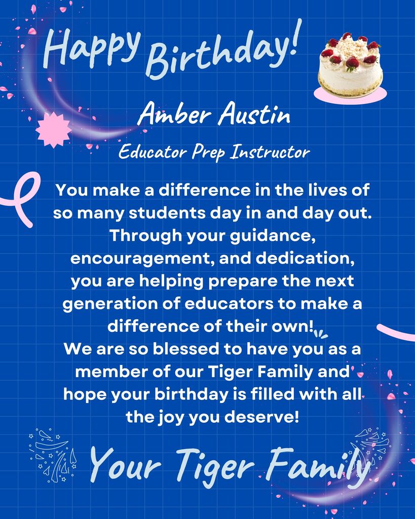 A birthday card with blue background, cake image, and a heartfelt message for Amber Austin, an educator.