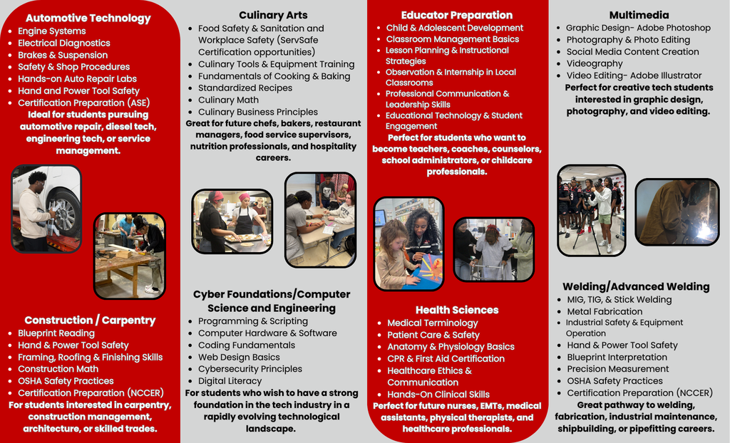 A red brochure with a grid layout, displaying various educational program options, including automotive technology, culinary arts, and health sciences.