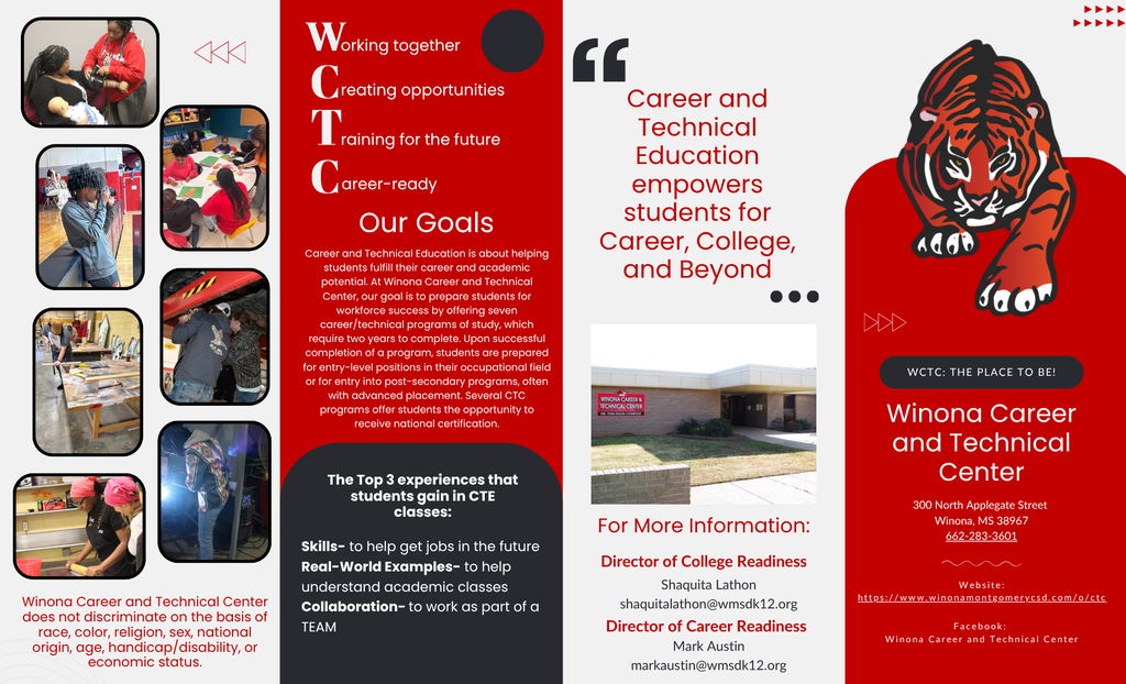 A brochure highlights career and technical education goals with a red tiger logo and images of students and instructors.