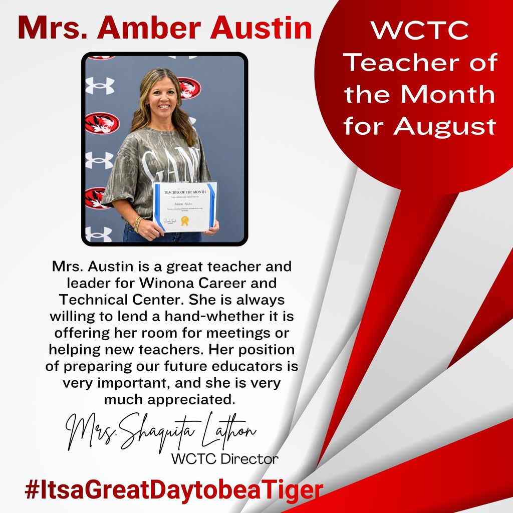 An image with a woman holding a certificate. Text reads, "Mrs. Amber Austin, WCTC Teacher of the Month for August".