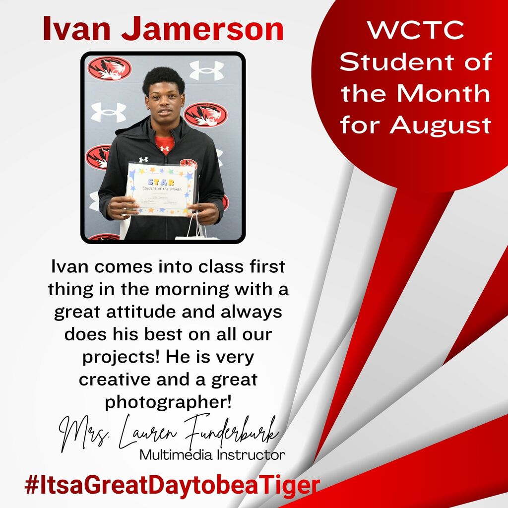 A photo of a man holding a certificate with "Ivan Jameson" and "WCTC Student of the Month for August".