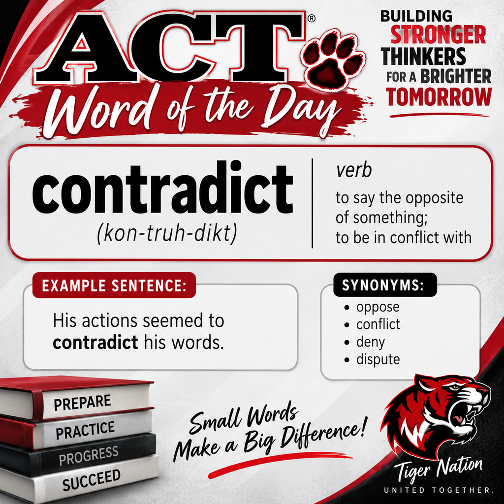 Advertisement for ACT Word of the Day with red paw print. Word is contradict. Definition and example sentence provided.