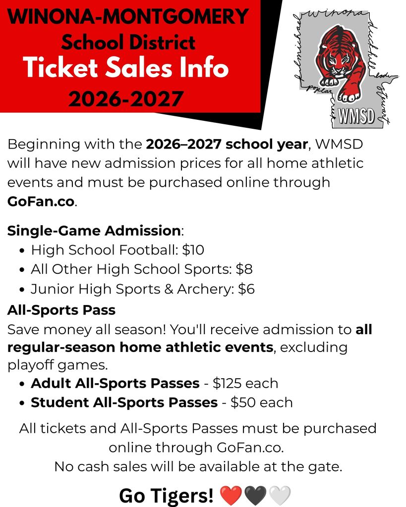 Red and white poster with school district ticket prices. All prices for home games are listed.