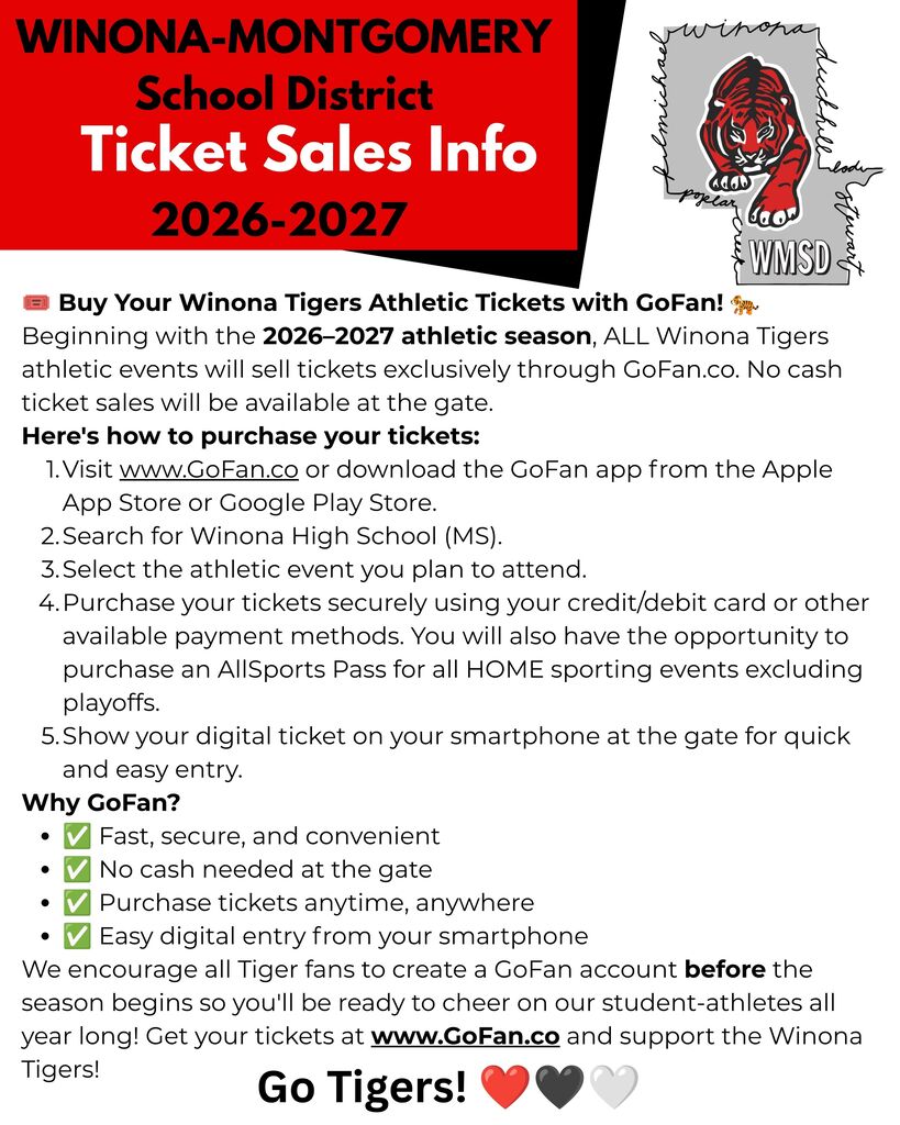 "Winona-Montgomery School District Ticket Sales Info 2026-2027. Buy tickets via GoFan. No cash accepted. Instructions provided."