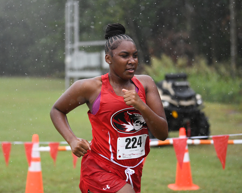 A female athlete with number 224 on her shirt runs in a cross-country race, with orange traffic cones and a gray vehicle in the background.