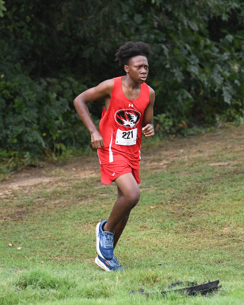 A runner in a red singlet with number 221, blue sneakers, running on grass with green trees in background.