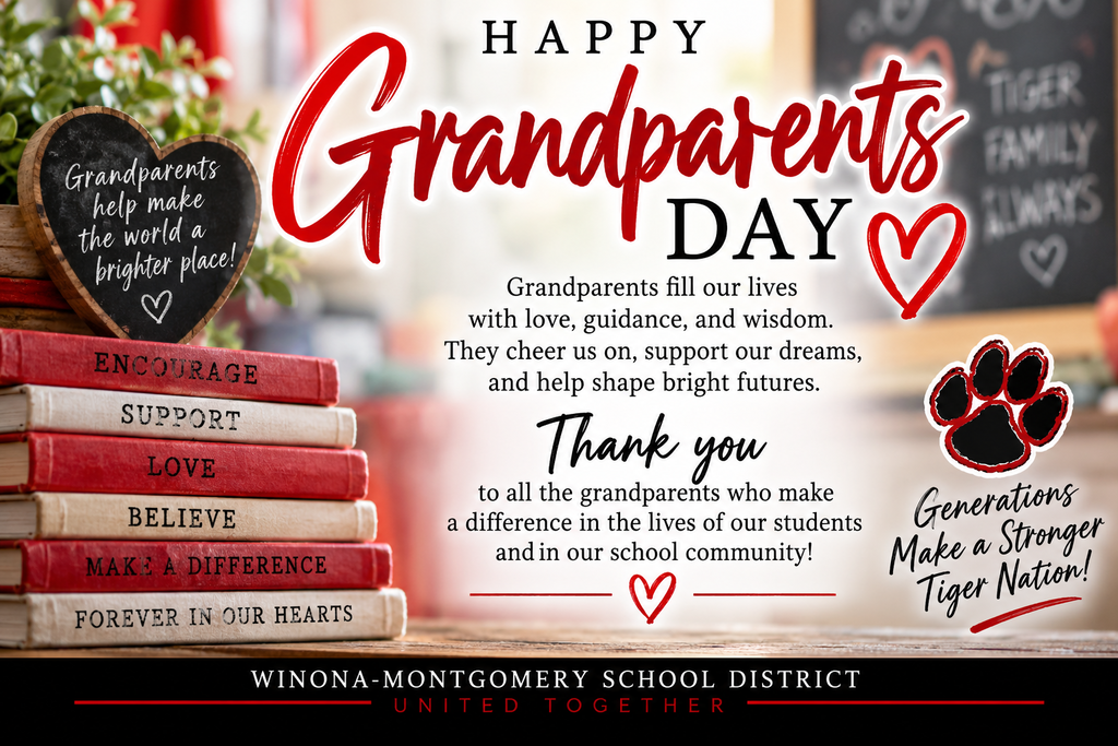 A poster celebrates Grandparents Day. Books stacked on a table, with text in red and black.