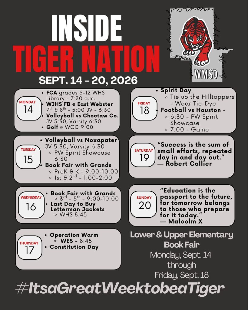 Poster for events titled "Inside Tiger Nation" for Sept. 14-20, 2026. Contains event schedule and quotes.