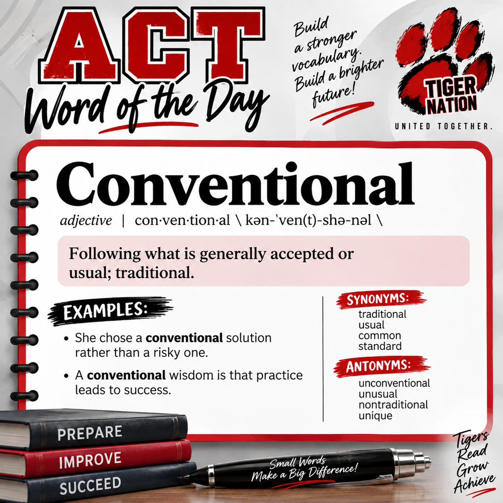 A white background shows a text box with red font reading "Conventional" followed by a definition, examples, and antonyms.