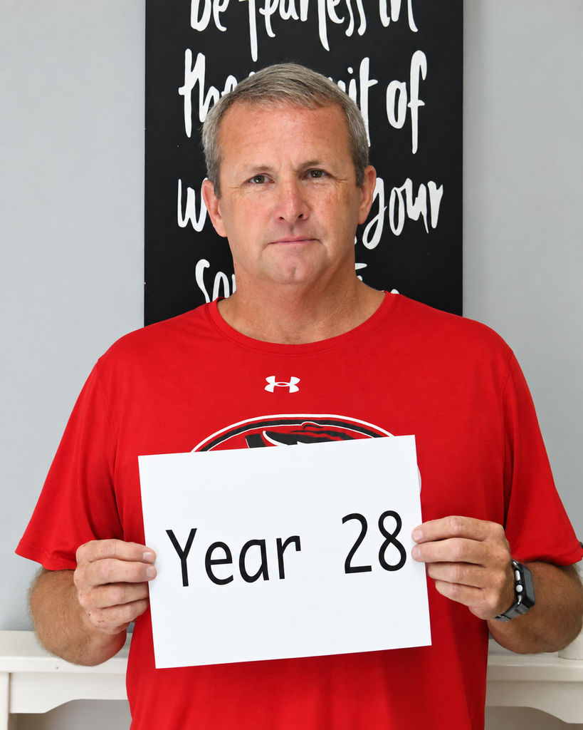 A man in a red shirt holds a white sign saying Year 28. Behind him, a blackboard displays inspirational writing.