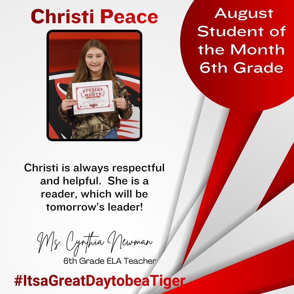 Poster with Christi Peace's photo and details. She is a 6th-grade student of the month, holding an award.
