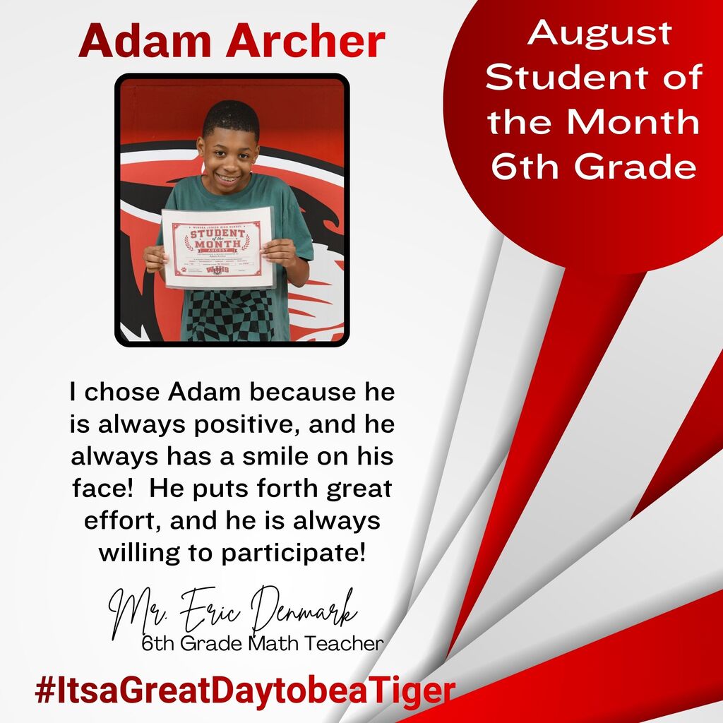 A red circle highlights a smiling child holding a certificate. Text reads "Adam Archer August Student of the Month 6th Grade."