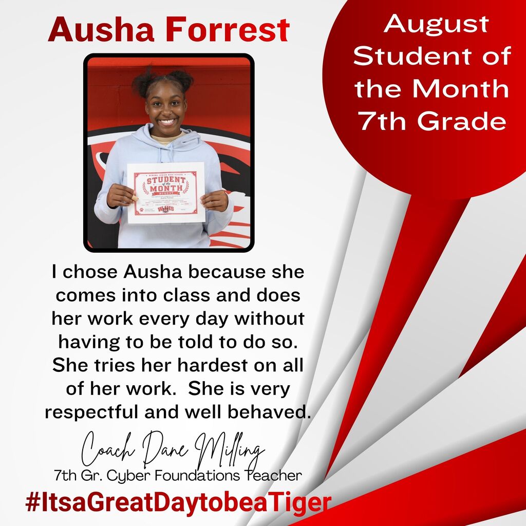 A poster features Ausha Forrest holding a certificate. Text reads "August Student of the Month 7th Grade."