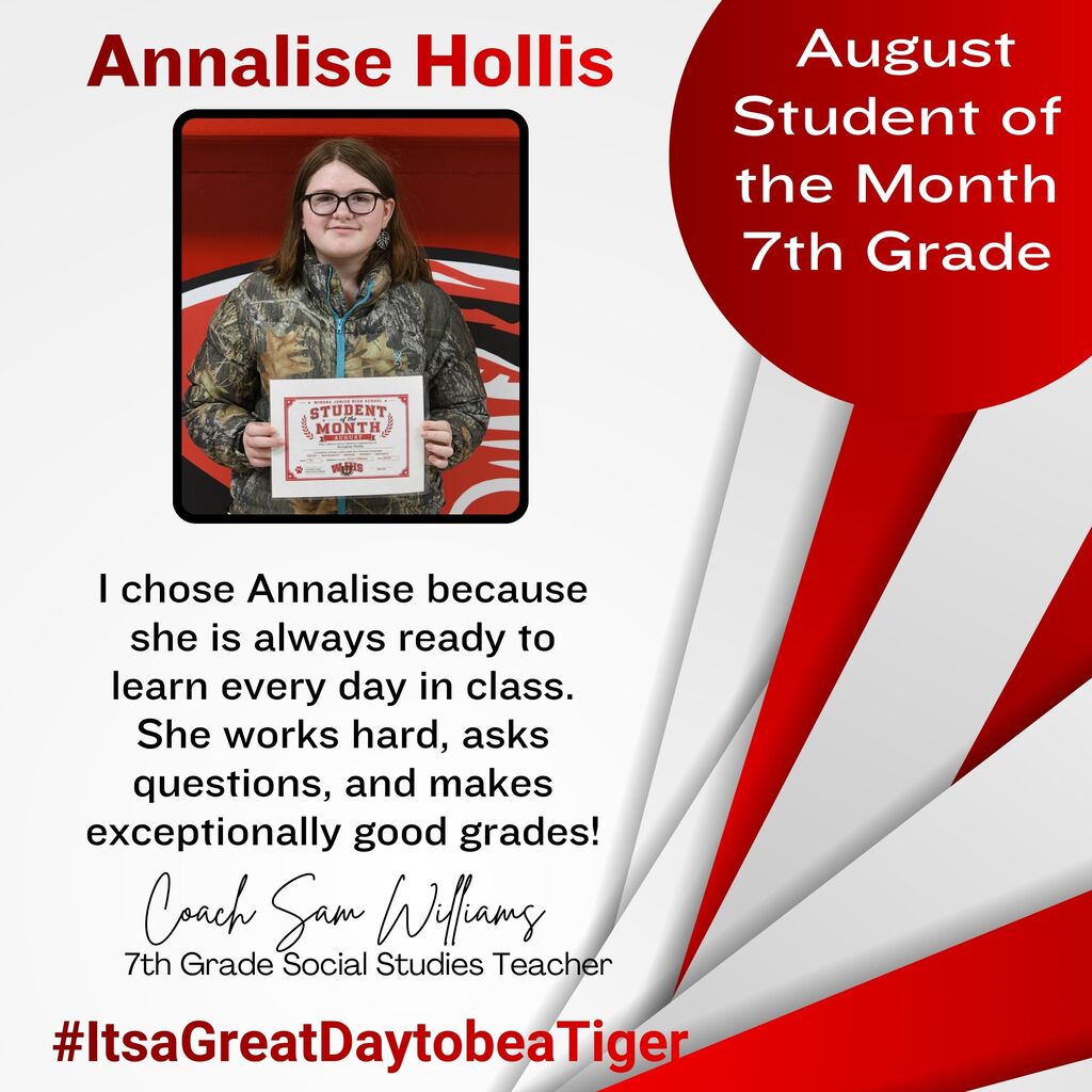 A red and white graphic highlights Annalise Hollis, chosen as August's 7th-grade Student of the Month.