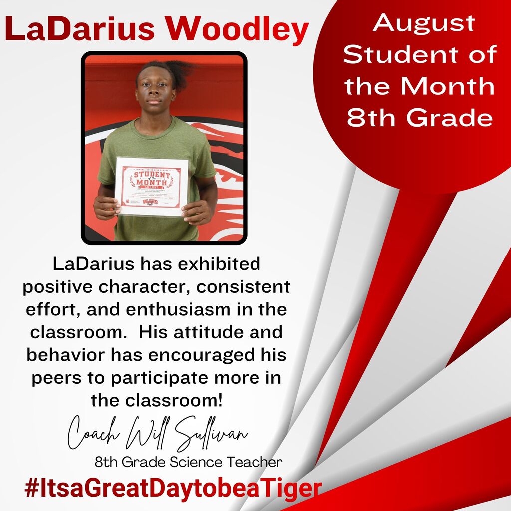 A certificate and photo of LaDarius Woodley, 8th grade student of the month.