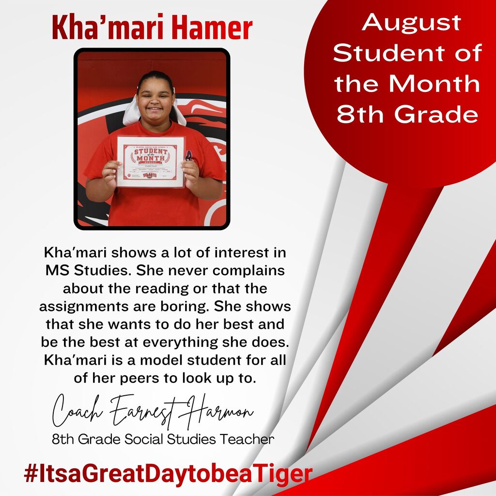 A young person holds a certificate. Text reads, "Kha'mari Hamer August Student of the Month 8th Grade."