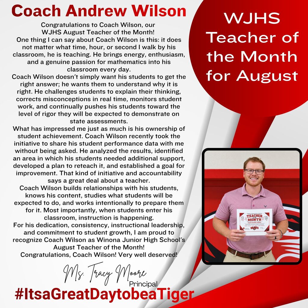 A certificate congratulates Coach Andrew Wilson for being Teacher of the Month for August. The text highlights his dedication, enthusiasm, and passion for teaching.