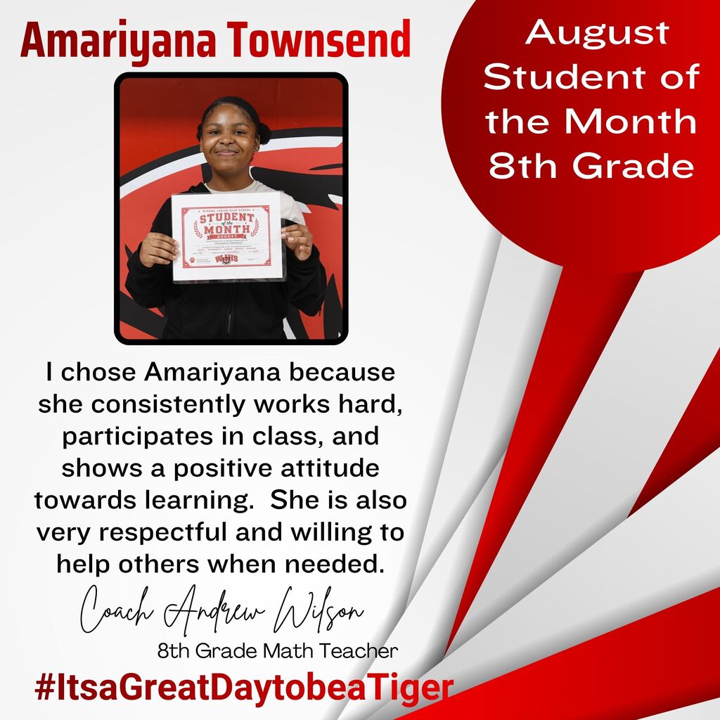 An award certificate with a photo of a student holding it. Text reads: "August Student of the Month 8th Grade".