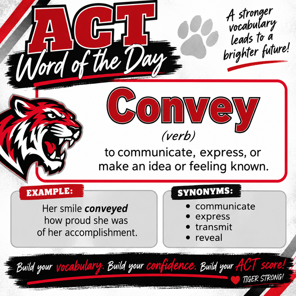 A word card with "ACT Word of the Day" in red. A lion's head is on the left. The word is "Convey," with a definition and examples.