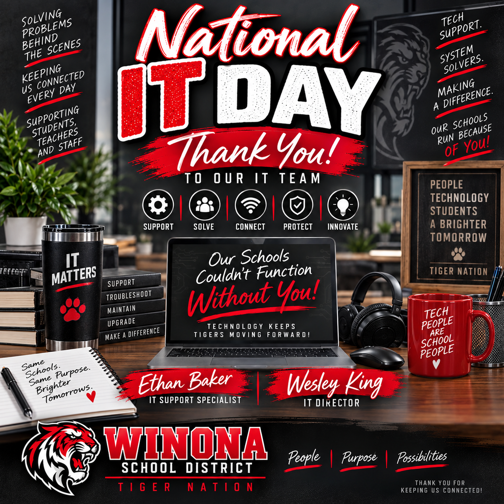A digital poster for National IT Day, featuring an open laptop, a mug, and a notepad on a desk.