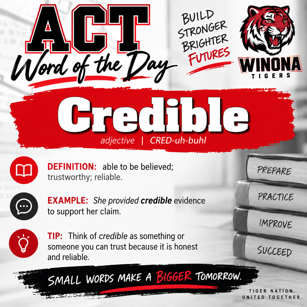 An ACT word of the day poster with bold, black text and a tiger logo. It defines "credible" and provides an example and tip.