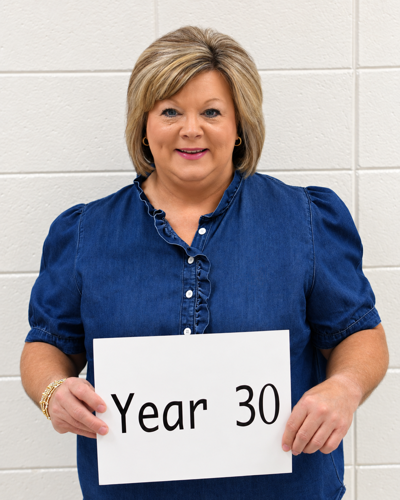 A woman in a blue blouse holds a white sign that reads "Year 30" in front of her, smiling.