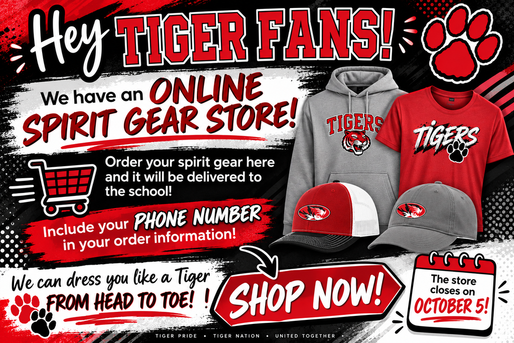 An advertisement with a red and black background promotes an online spirit gear store. It features a sweatshirt, caps, and a shirt.