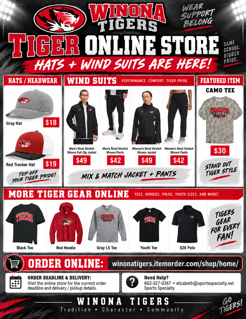 A poster advertises the Winona Tigers online store with various gear like hats, wind suits, and tees. Prices are listed for each item.