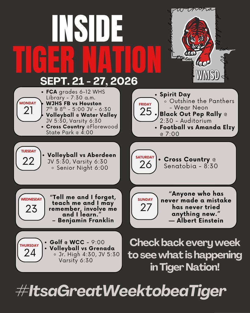 A poster for "Inside Tiger Nation" featuring dates and events from September 21–27, 2026. Events include volleyball, football, and spirit days.