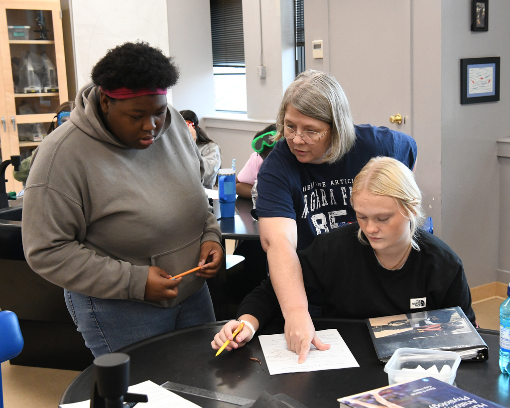 Three individuals in a classroom, one pointing at a paper, another holding a pencil, and the third holding a marker.