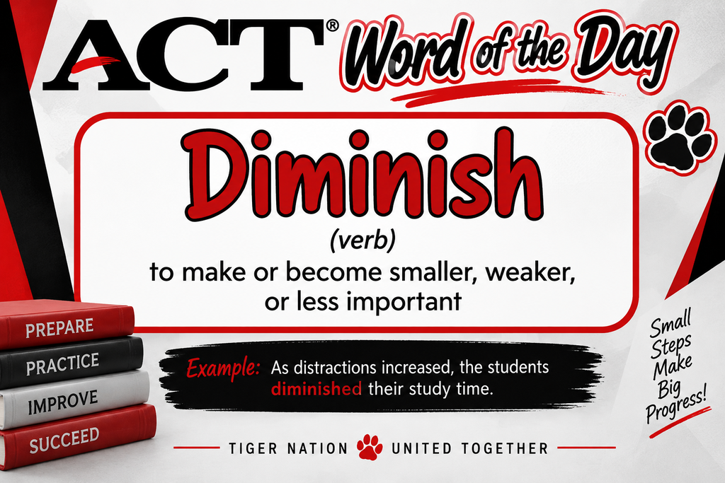 A white background displays the ACT Word of the Day: "Diminish". Definition: To make or become smaller, weaker, or less important. Example: As distractions increased, the students diminished their study time.