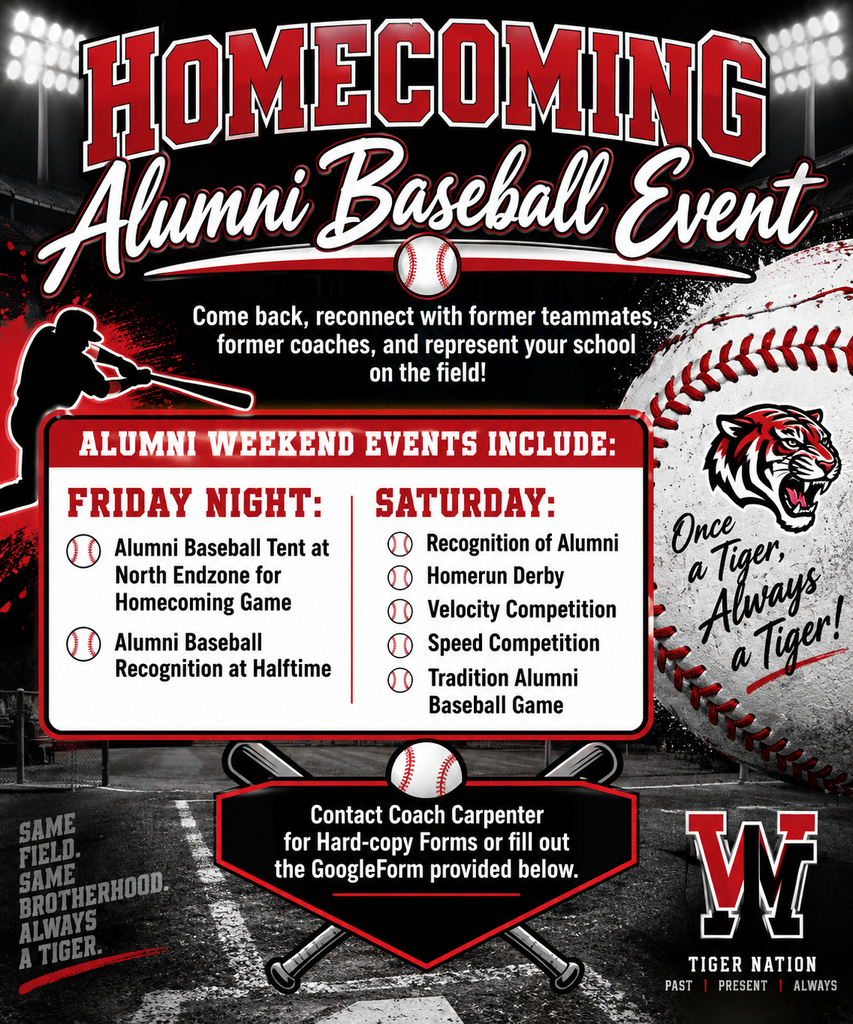 Poster with bold text "Homecoming Alumni Baseball Event" and "Alumni Weekend Events Include" lists. Baseball-related graphics.