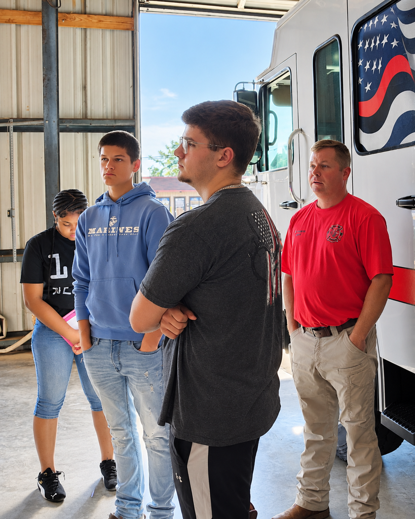 Four people in a garage with a vehicle. A man in a red shirt and khaki pants stands by a white truck.