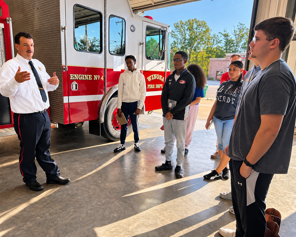 A man in a white uniform stands beside a firetruck. A group of people listen to him.