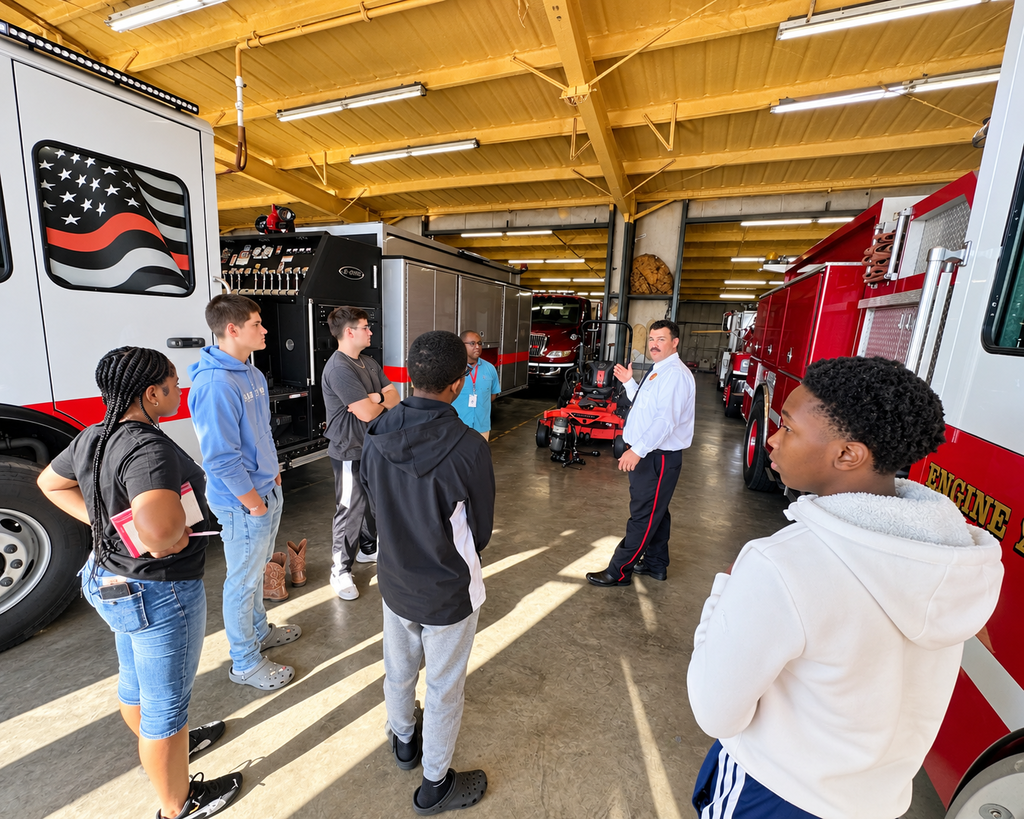 Inside a fire station, a group of people discuss near fire trucks. A man in white speaks to them.