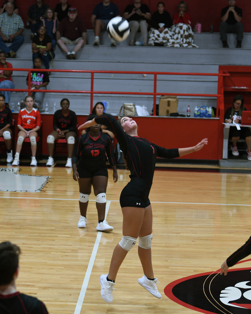 A volleyball player leaps to intercept a ball while teammates watch, with spectators seated on bleachers.