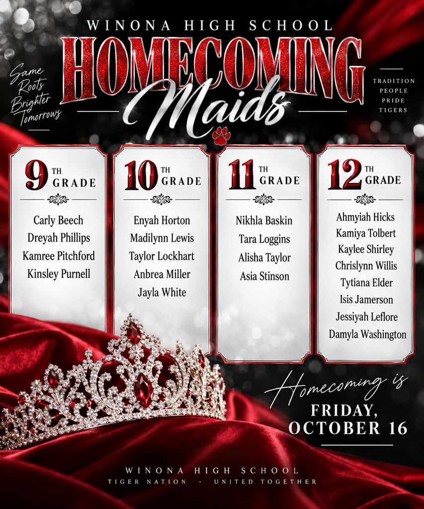 An event poster for Winona High School Homecoming Maids with a tiara and a red background.