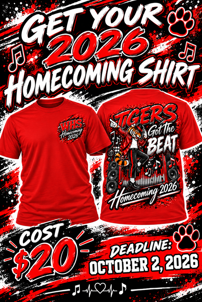 Advertisement for a 2026 homecoming shirt. Front and back designs are shown. Cost is $20. Deadline is October 2, 2026.
