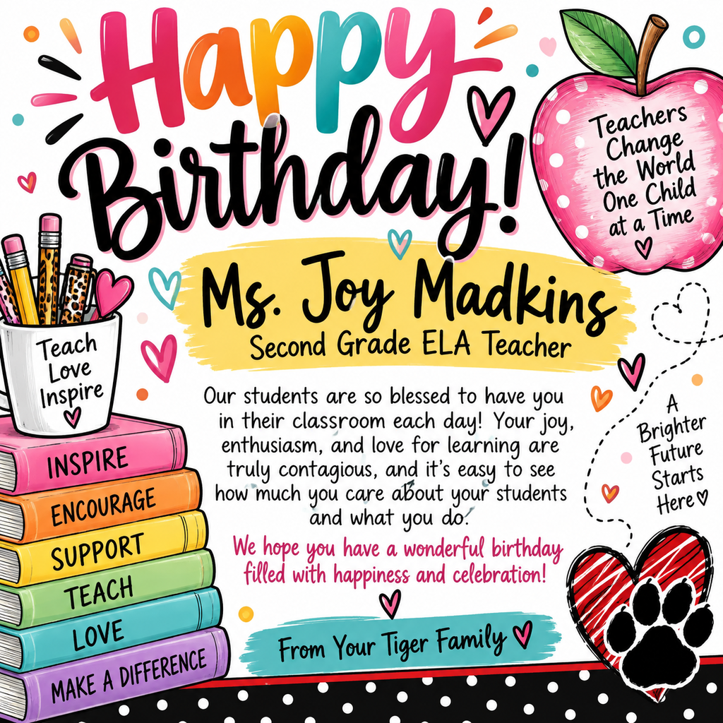 A birthday card for Ms. Joy Madkins, a second-grade ELA teacher, with colorful text, a heart, and an apple.