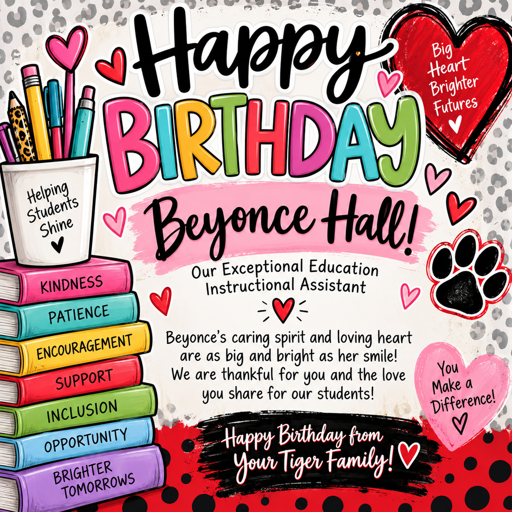 A birthday card features colorful hearts, a paw print, and a stack of books. Text reads, "Happy Birthday Beyonce Hall!" and includes the phrase "Our Exceptional Education Instructional Assistant."