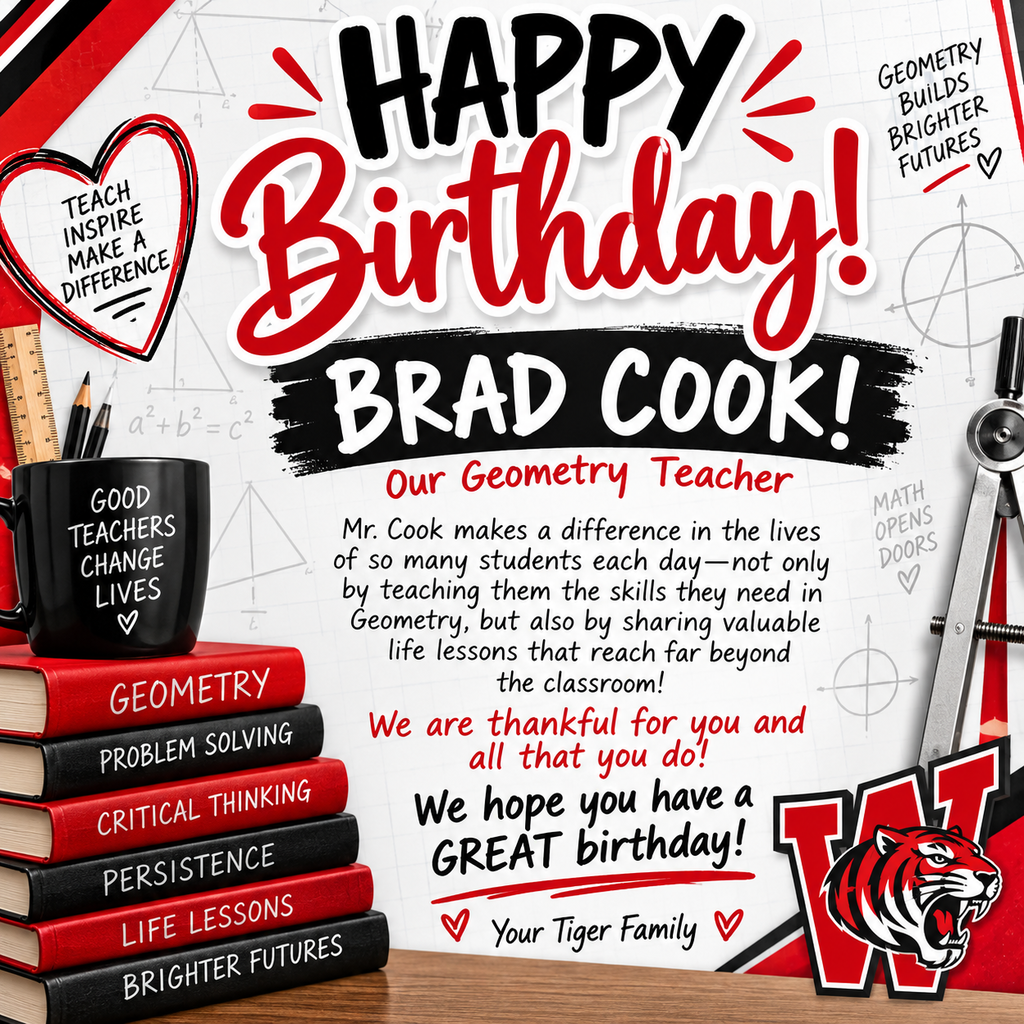 Text reads Happy Birthday to Brad Cook, a geometry teacher. A school desk displays books and supplies.