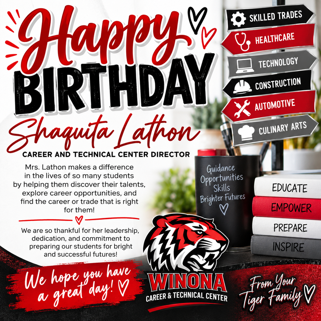 A birthday card for Shaquita Lathom, featuring icons like a book, a wrench, and a graduation cap. A tiger logo and text from the Winona Career and Technical Center.