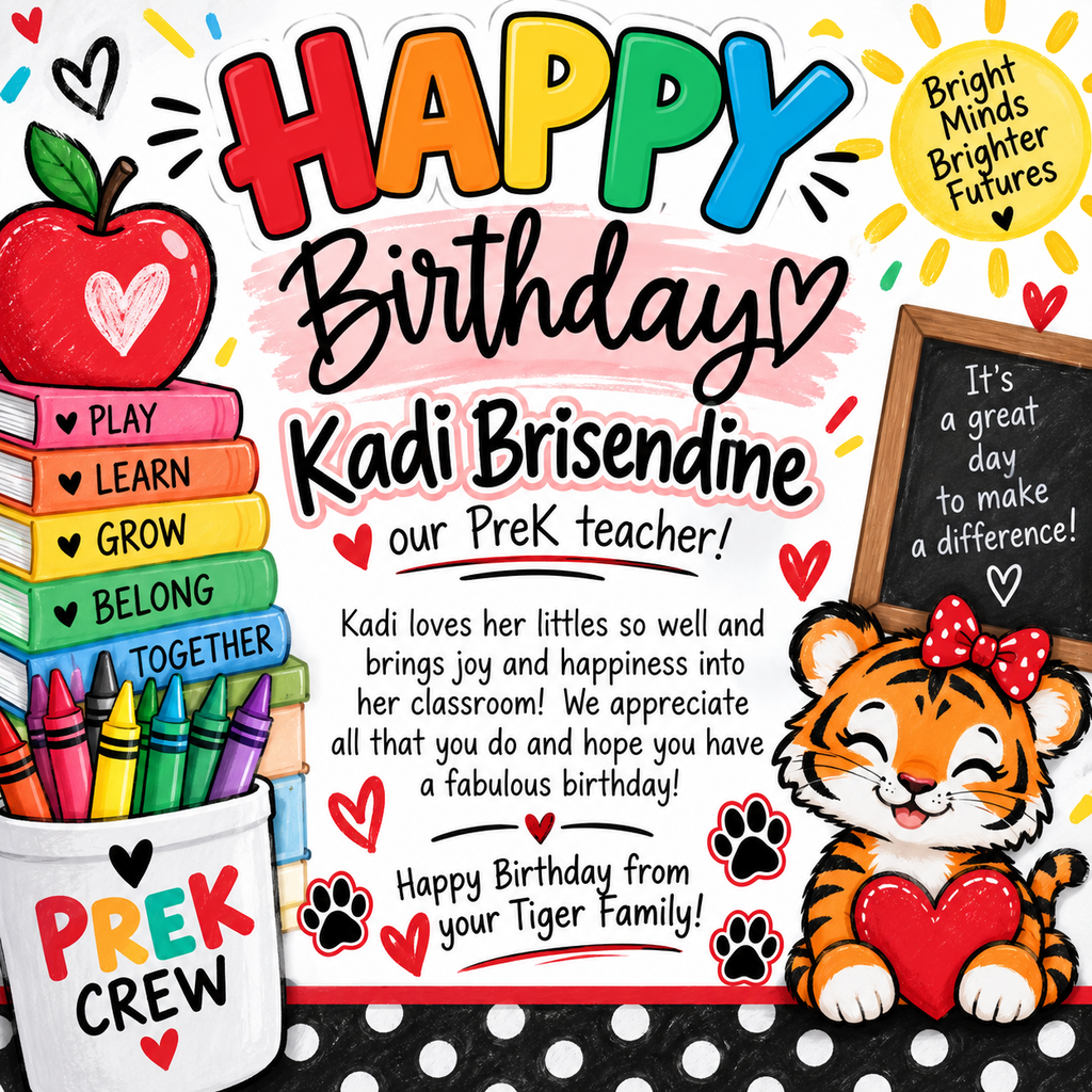 Colorful card with text reading "Happy Birthday Kadi Brisendine our Prek teacher!" A tiger, apple, crayons, and books in a cup.