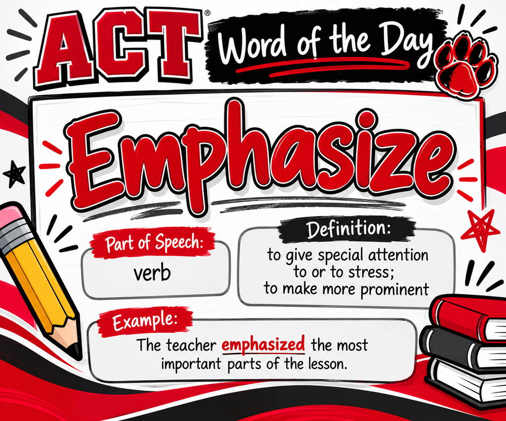 An educational poster with "ACT Word of the Day" at the top, highlighting "Emphasize" in red, a definition, part of speech, and an example sentence.