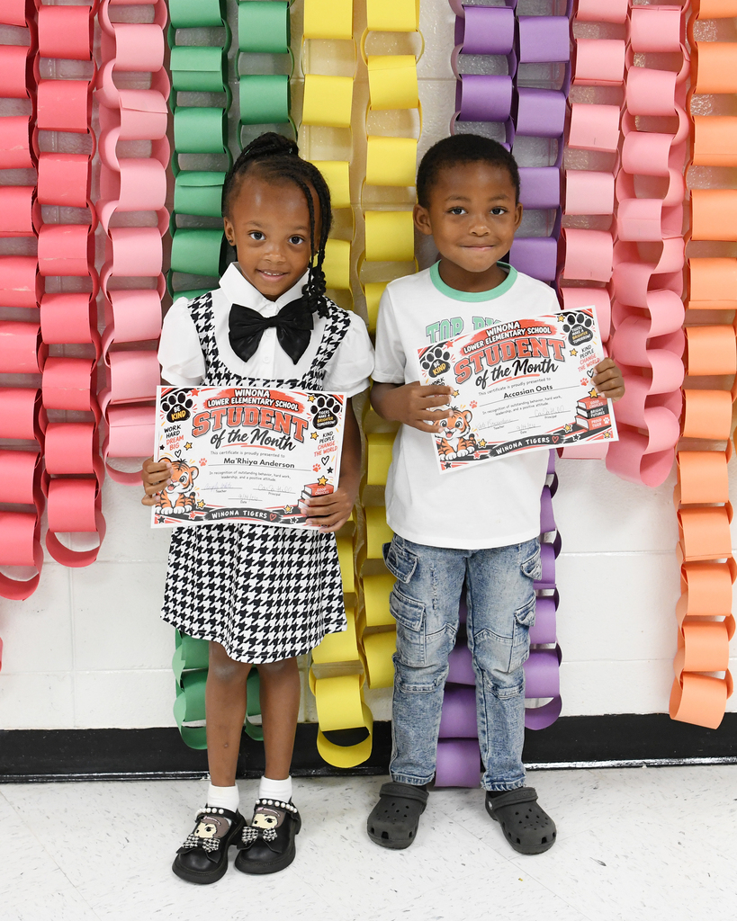Two children, one girl and one boy, stand holding awards. They stand before a wall with colorful paper garlands.