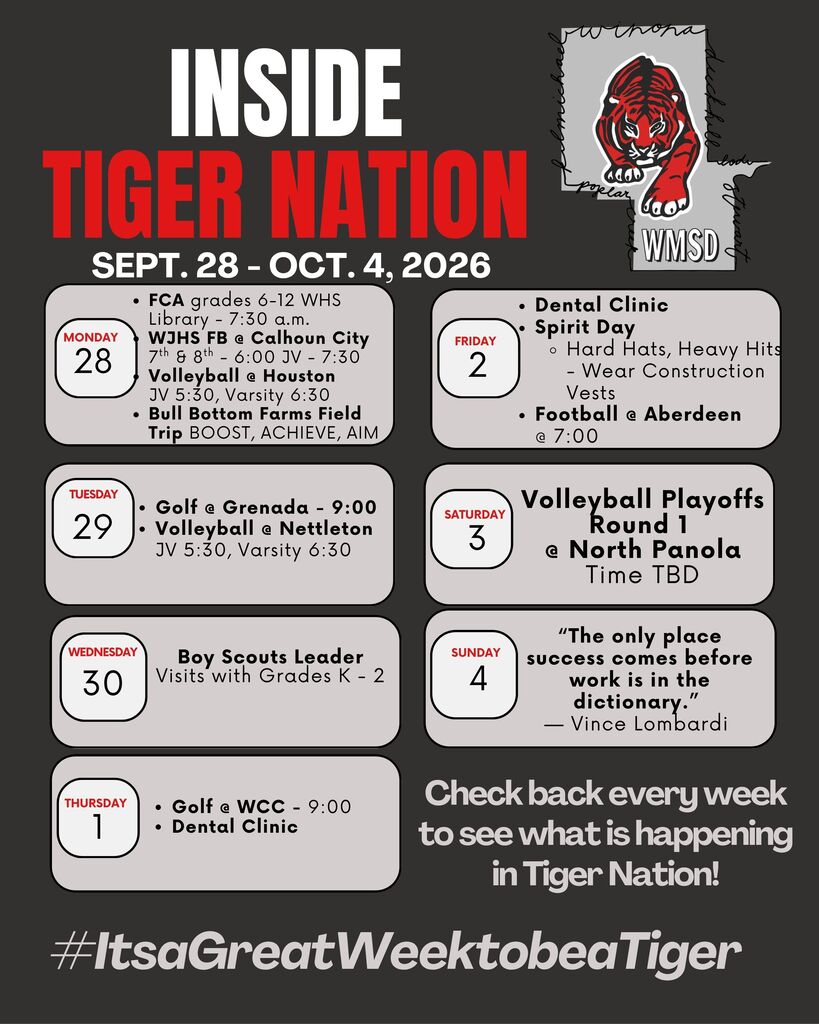 A schedule poster from Sept. 28 to Oct. 4, 2026, lists events like FCA grades, a dental clinic, and sports games.