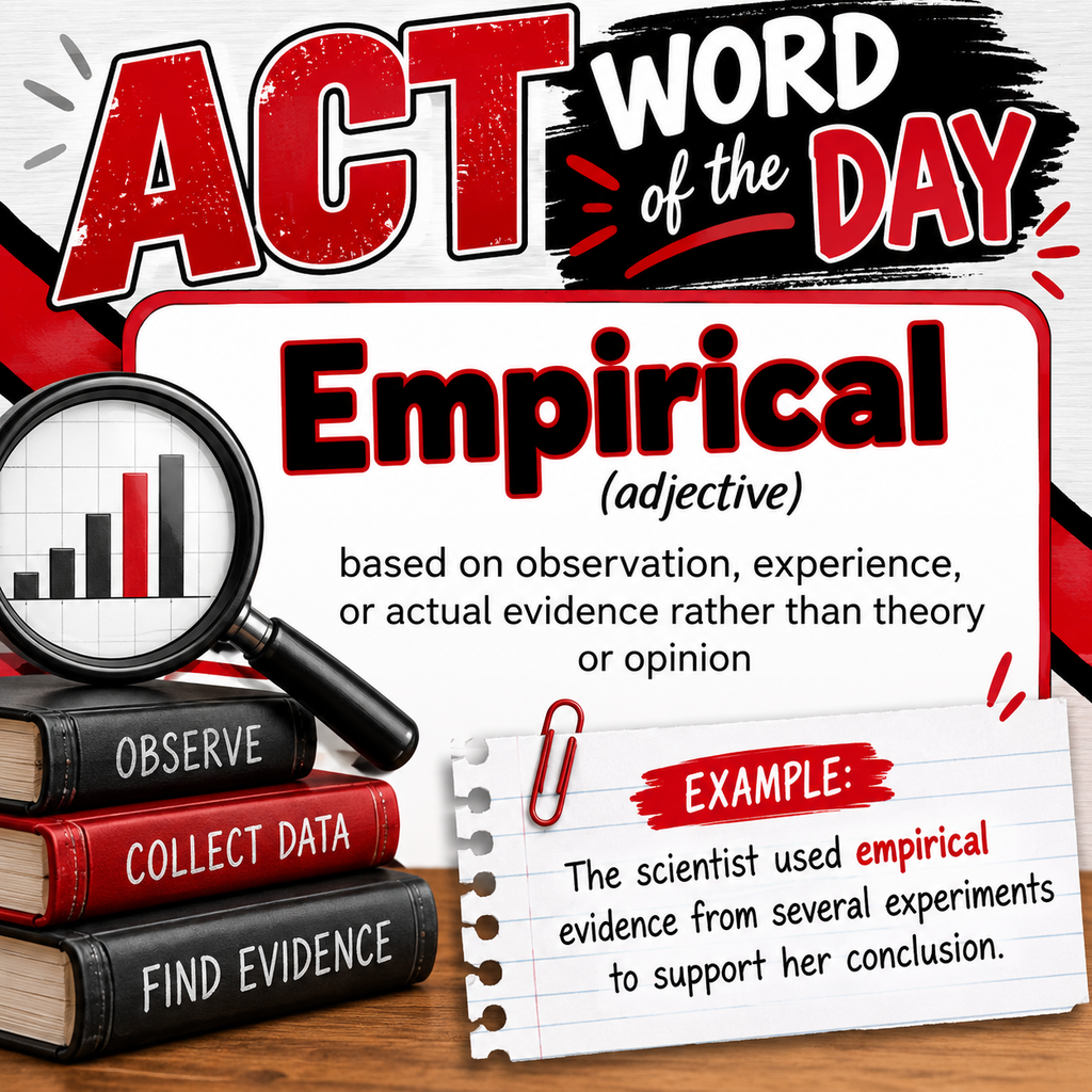 Poster with word "ACT" and "Empirical" in bold. A magnifying glass, books, and a sticky note with a sample sentence.